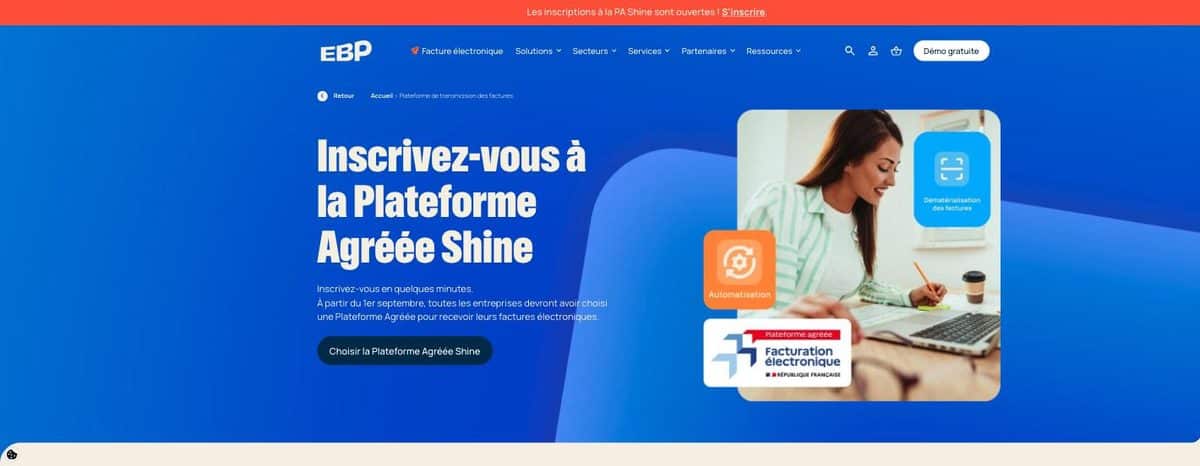 Page d’EBP invitant à s’inscrire à la plateforme agréée Shine, avec le bandeau annonçant l’ouverture des inscriptions