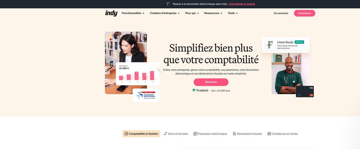 Page d’accueil d’Indy présentant la comptabilité en ligne pour les indépendants