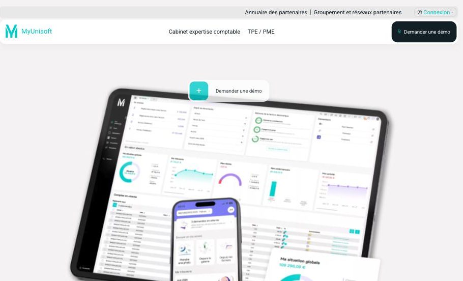 Interface de MyUnisoft affichée sur tablette et mobile, avec le suivi de la facture électronique
