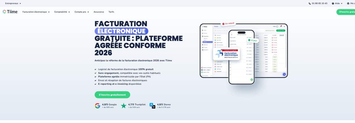 Page de Tiime sur la facturation électronique gratuite et son statut de plateforme agréée